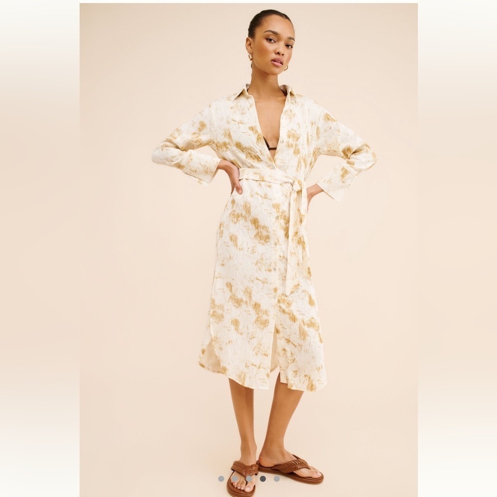 Anthropologie Little Lies Neutral Tie-Waist Midi Dress – Size L - Picture 2 of 10